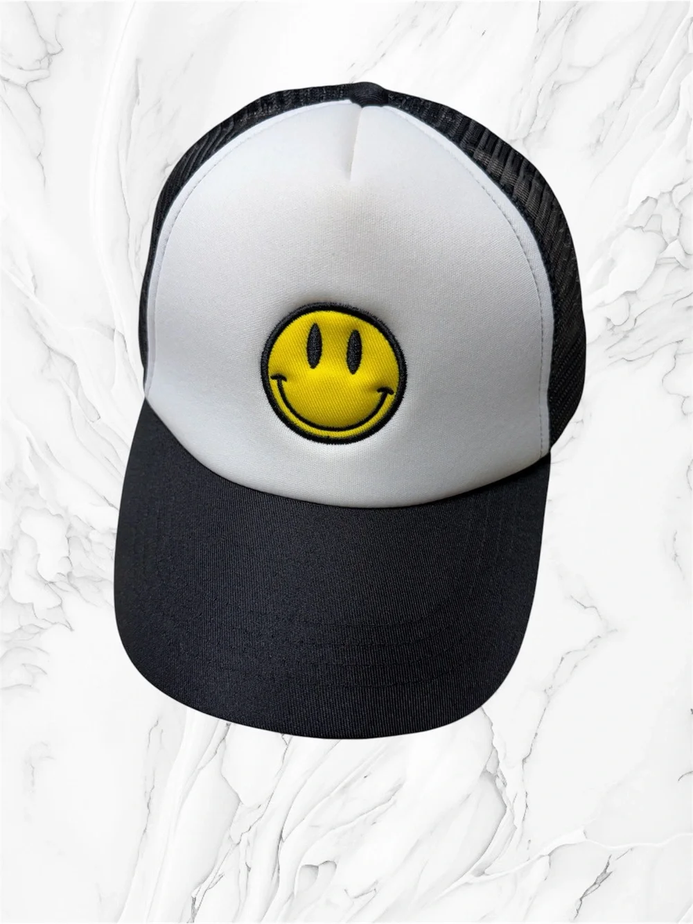 Black & White Trucker Hat with Yellow Smiley embroidery unisex